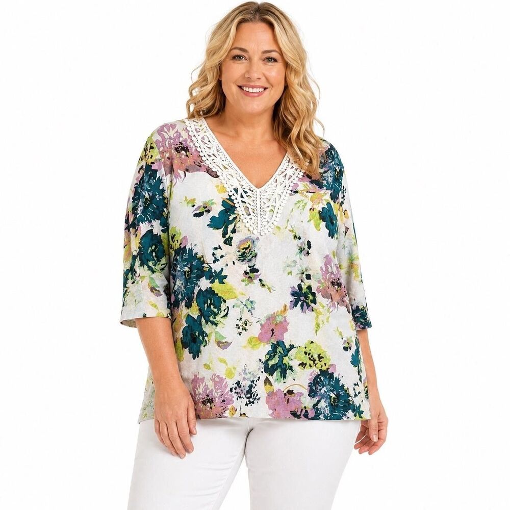 Premise Tunic Blouse Womens XL Multicolor Floral Crochet V Neck 3/4 Sleeve Top